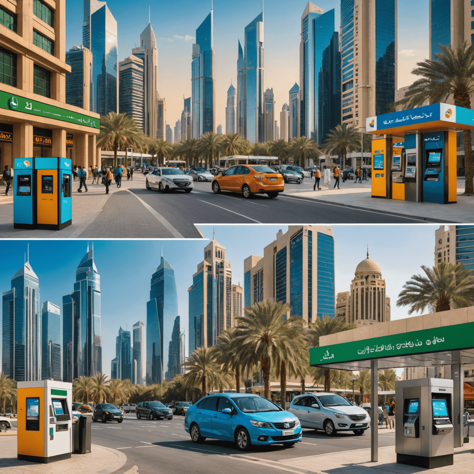 A collage showing various top-up methods including smartphone apps, kiosks, and ATMs in a vibrant UAE cityscape