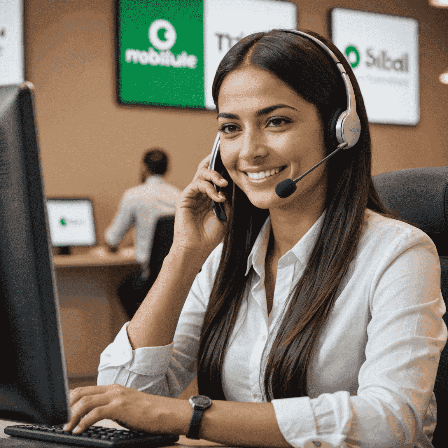 Customer support representative smiling while assisting a customer on the phone, with MobilUAE logo in the background