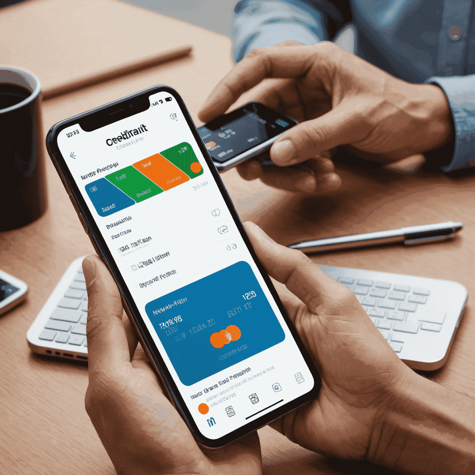 Person using smartphone to top up mobile credit, with various top-up methods displayed